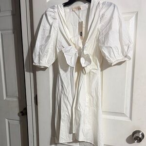 Elegant White Puff Sleeve Midi Dress